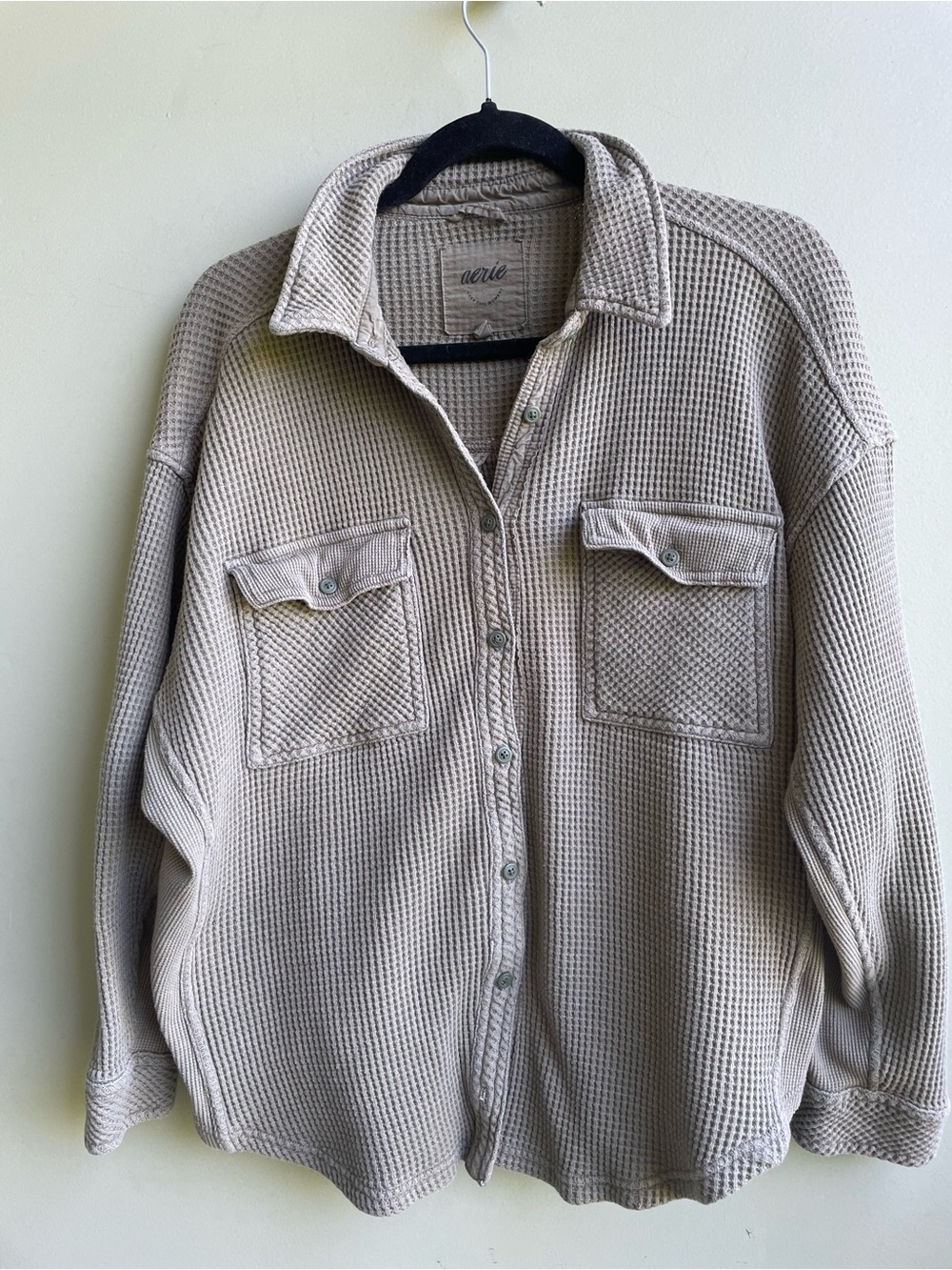 aerie Waffle-Knit Button-Up Shacket in Olive